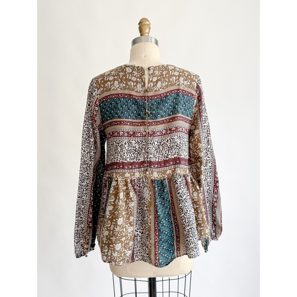 Boho Cottagecore Loveriche Patchwork Floral Peplum Top Small Brown Teal - Picture 5 of 7